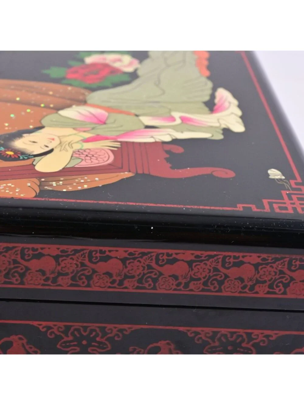 Chinese Black Lacquer Jewelry Box Vintage Hand Painted Reclining Lady Mirror